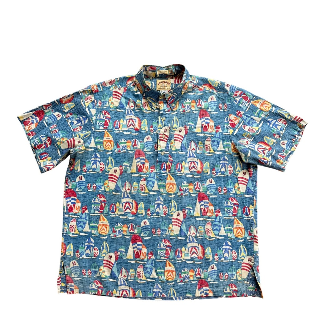 Reyn Spooner Mens XL 50th Anniversary Sailboat Hawaiian Shirt Blue Pullover